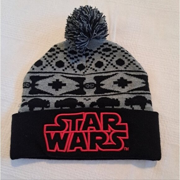 Star Wars ages 14 & up beanie pom hat Black & gray with red embroidery, EUC - Picture 1 of 4